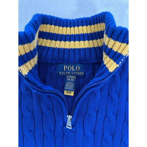 Polo Ralph Lauren Other - Polo Ralph Lauren Boy's XL Blue Knit Quarter Zip Sweater with Yellow Stripes XC!